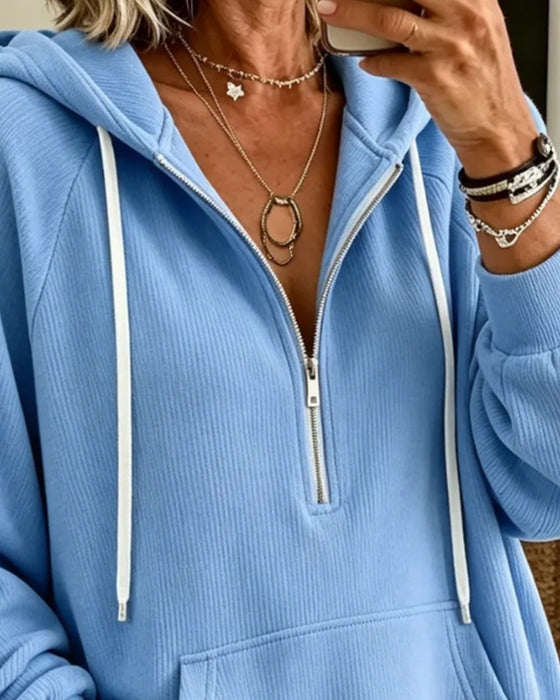 Sweat À Capuche Demi-Zip Manche Longue Poche