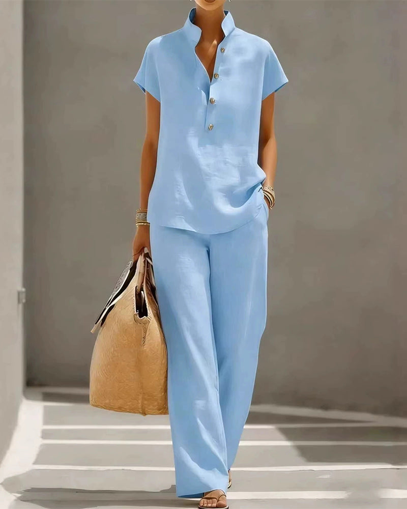 Ensemble Col Montant Bouton Manches Courtes Et Pantalon Long