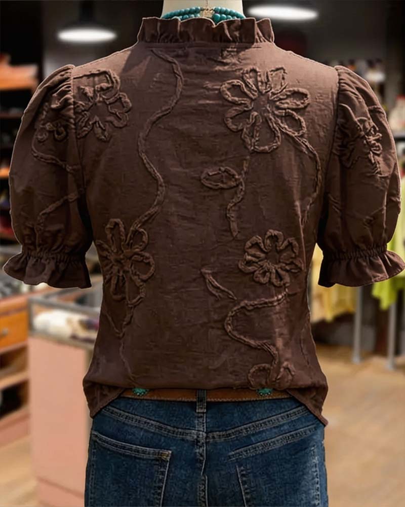 Blouse Col En V Bordure Volantée Manche Bouffante