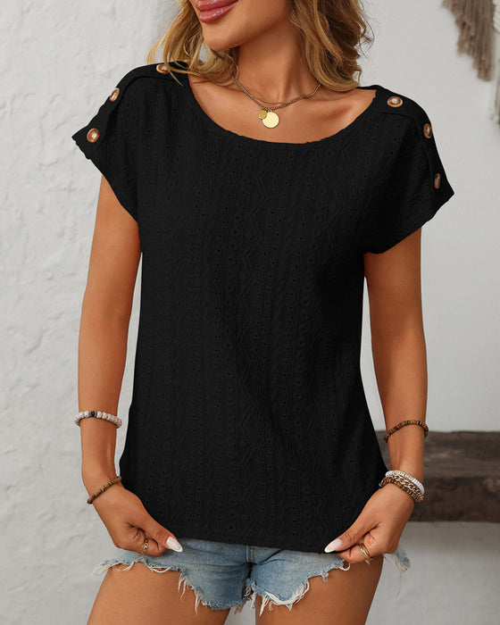 Blouse Col Rond Bouton Découpe Manches Courtes