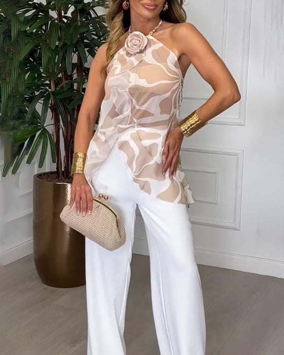 Haut Rose 3d Sans Manches Col Halter