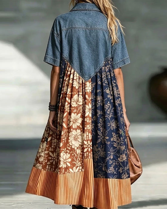 Robe Col Chemise Floral Contraste Denim Patchwork