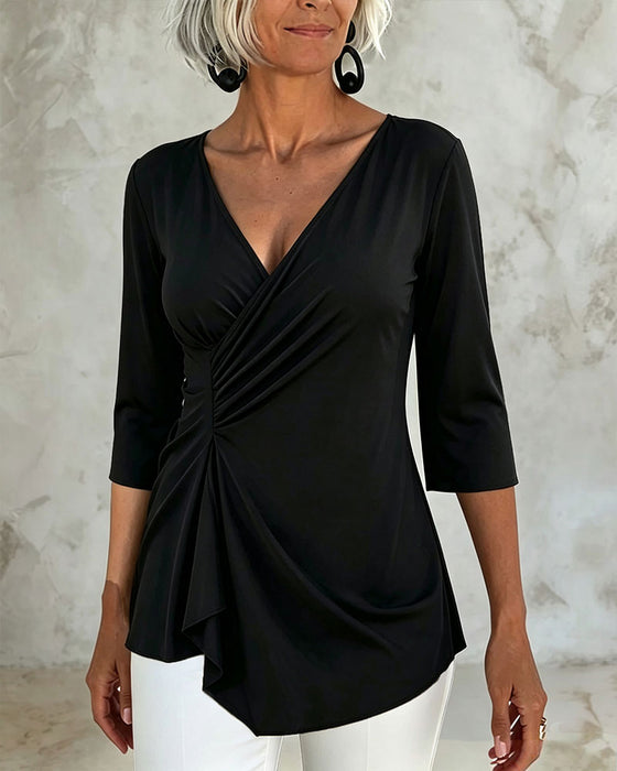 Blouse Col En V Drapé Irrégulier