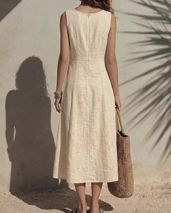 Robe Col U Poche Sans Manches Unie