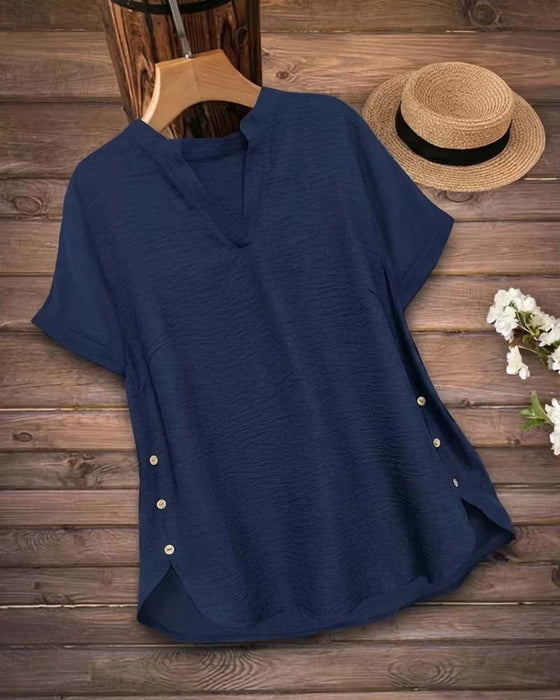Blouse Unie Fente Latérale Manches Courtes