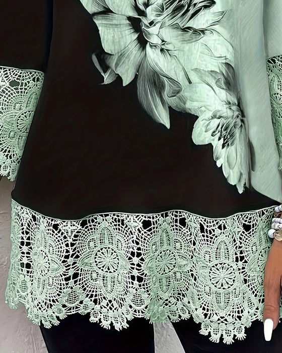 Chemise À Col V Florale À Blocs De Couleurs Et Bordure En Dentelle