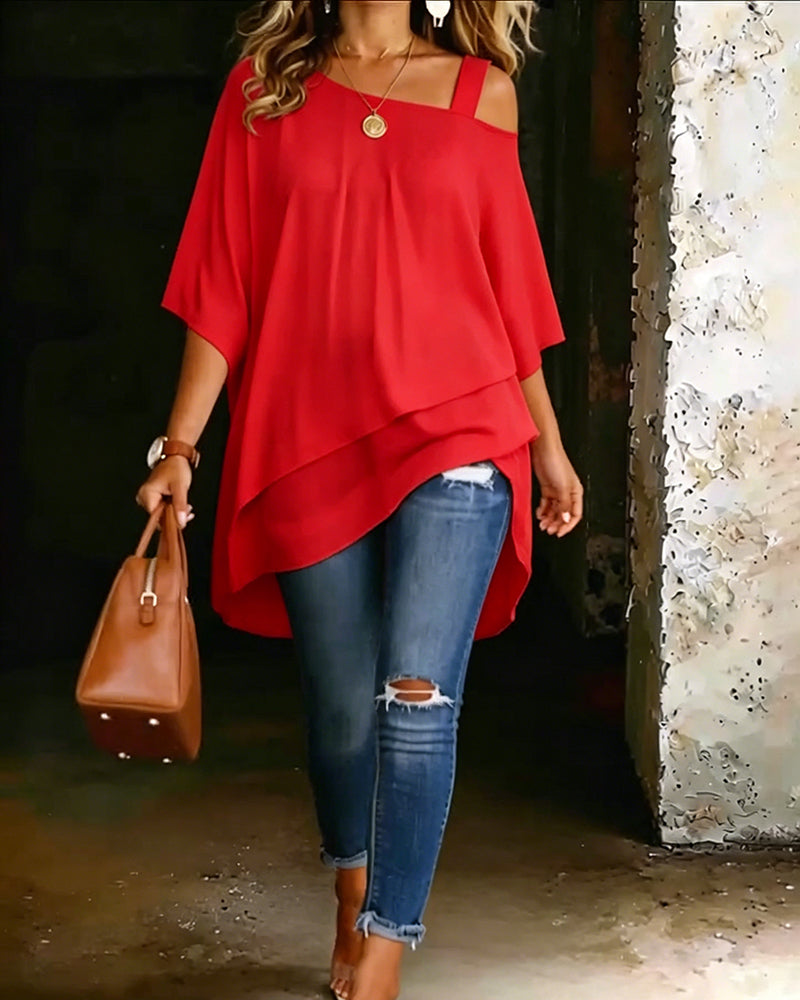 Blouse Asymétrique Épaule Dénudée Unie Décontractée