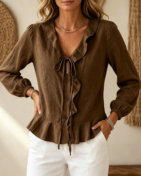 Blouse Col V Volant Cravate Manche Longue