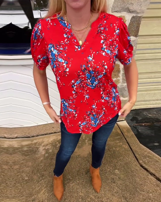 T-Shirt Col V Imprimé Fleuri Manches Courtes