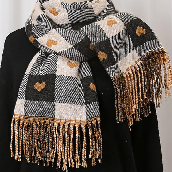 Cozy Heart Plaid Scarf – Écharpe Douce D'hiver Pour Filles Ou Couples