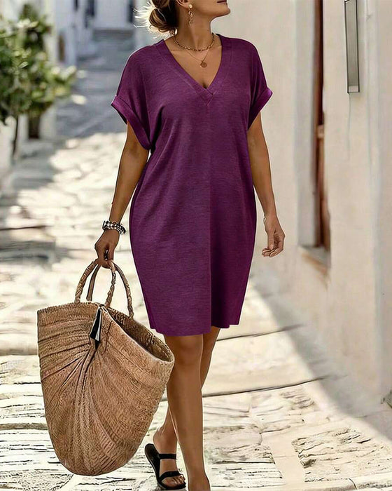 Robe Col V Manche Courte T-Shirt