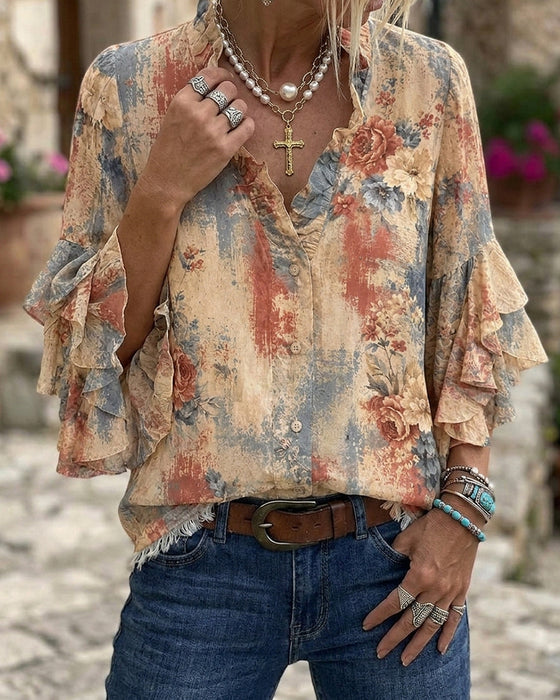 Blouse Col En V Contraste Deux Niveaux Volant