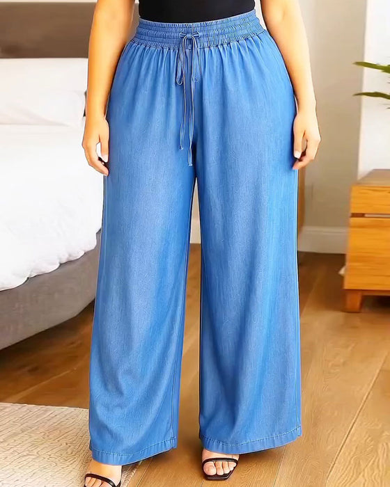 Pantalon Taille Élastique Cordon De Serrage Unie Large Jambe Long