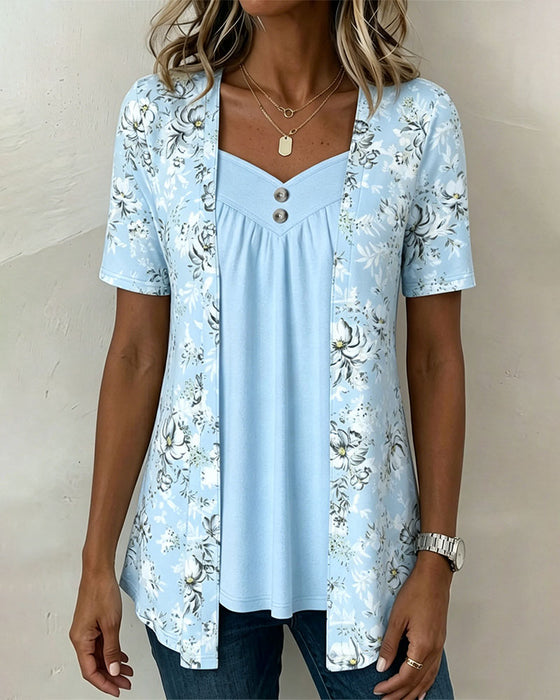 T-Shirt Imprimé Floral Fausse Deux Pièces
