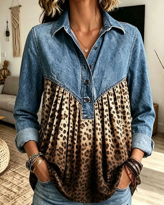 Haut Denim Léopard Imprimé Patchwork Col
