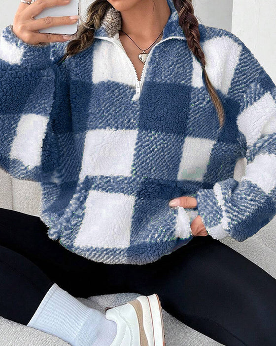 Sweat-Shirt Demi-Zip Col Montant À Carreaux