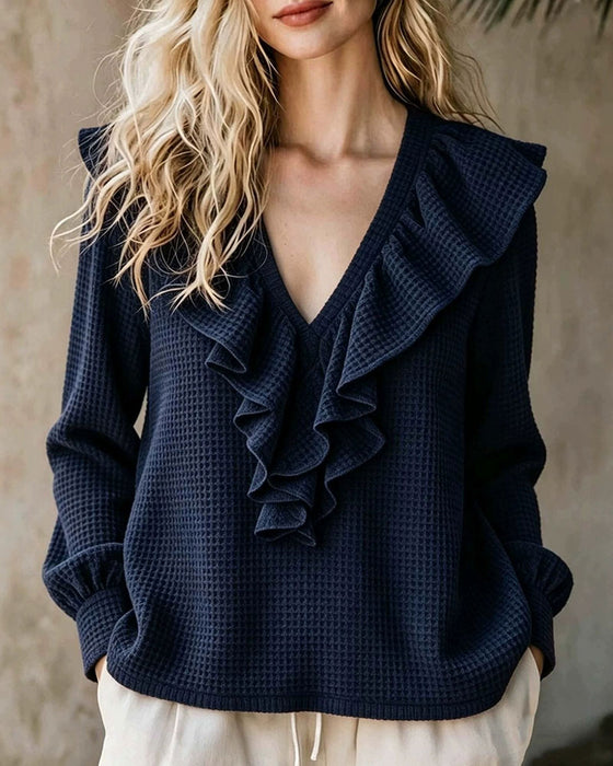 Blouse Tricot Gaufré Col En V Volant