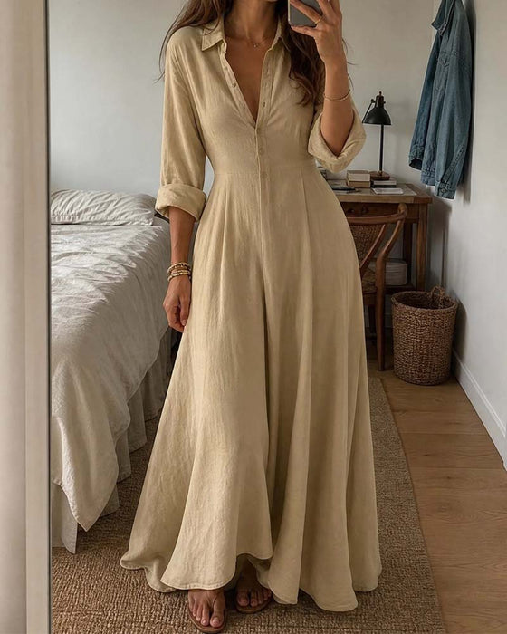 Robe Col De Chemise Jupe Ample Taille Cintrée