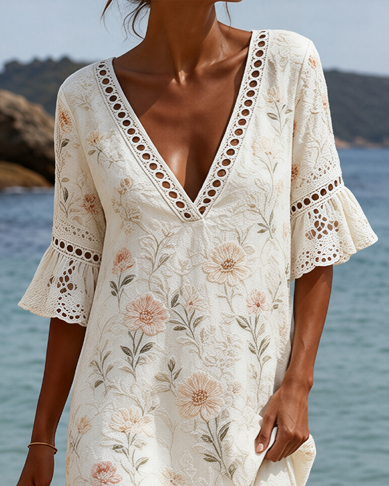 Robe Manches Papillon Évidé Col En V Fleuri Coupe A