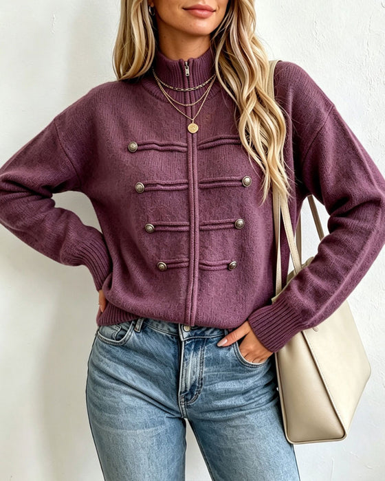 Cardigan Col Mandarin Mode Fermeture Éclair Tricoté