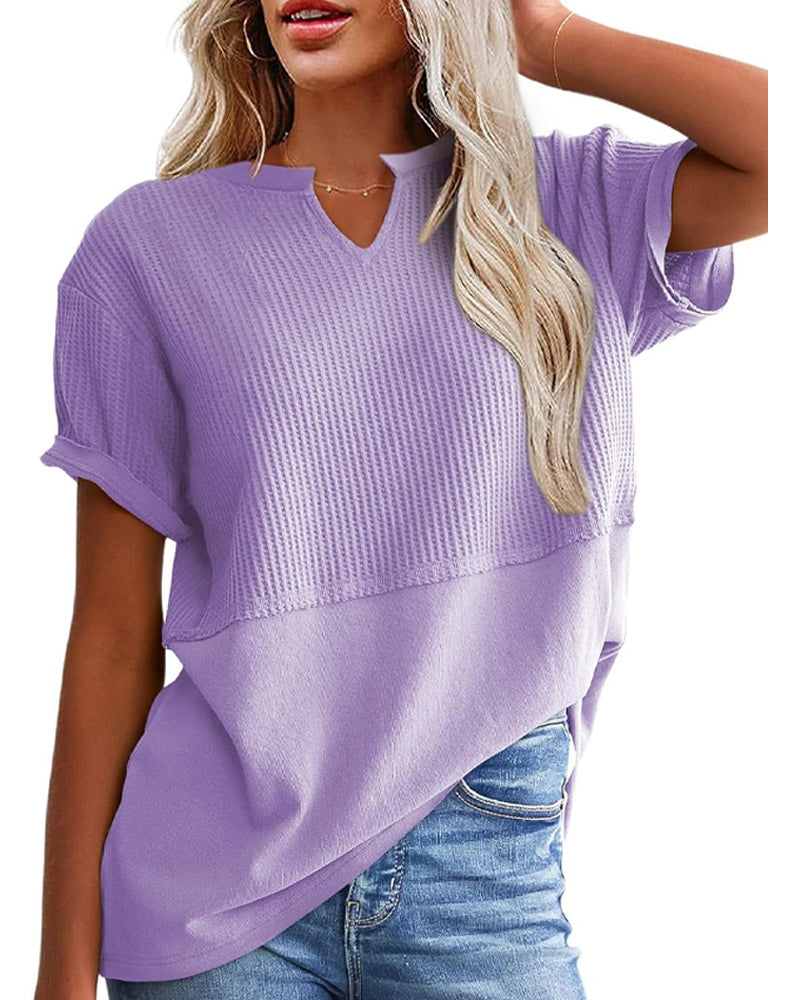 T-Shirt Taille Cintrée Patchwork Col En V Pullover