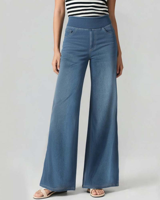 Pantalon Taille Élastique Denim Large Jambe