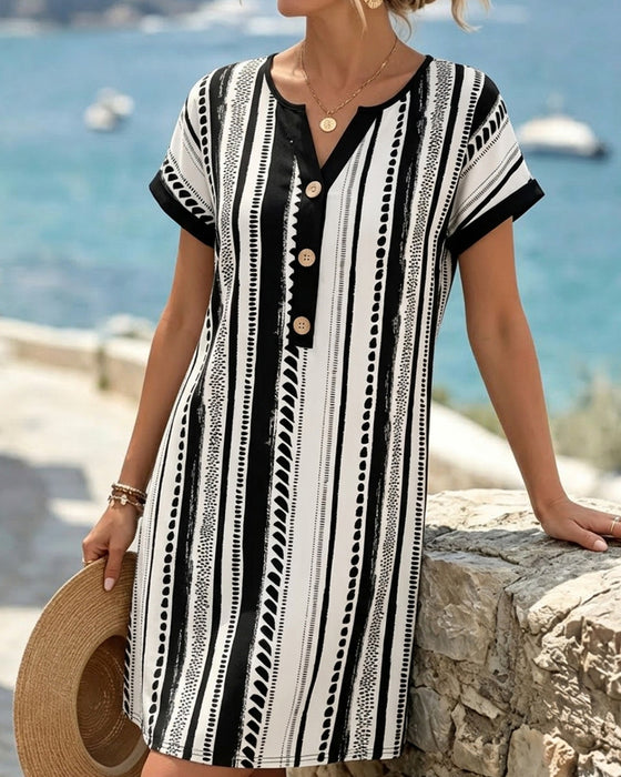 Robe Polka Dot Rayure Bouton