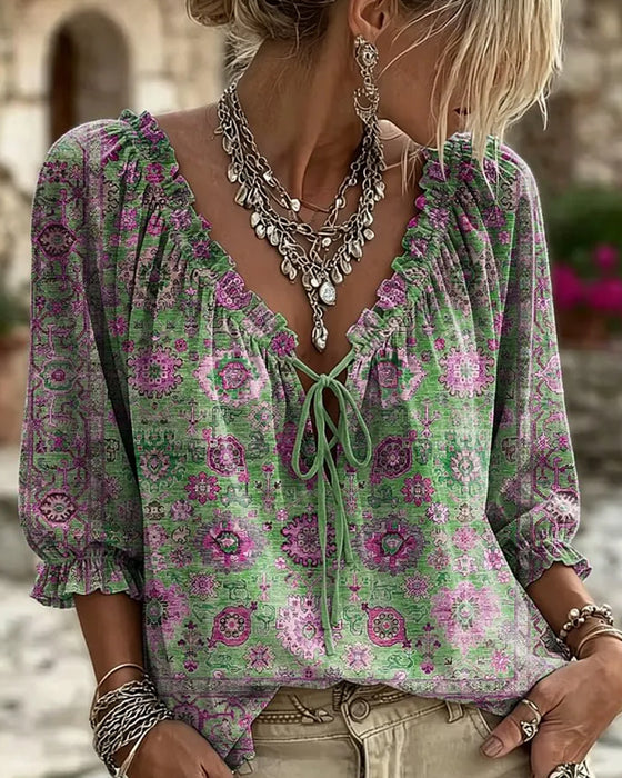 Blouse Col V Attache Vintage Imprimé