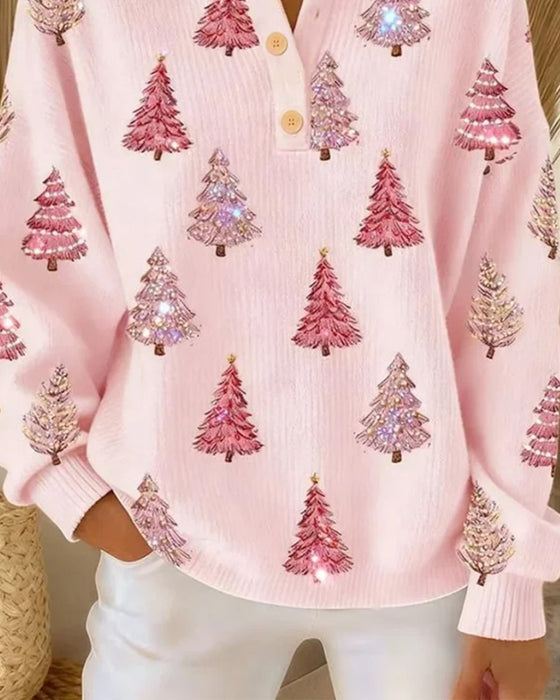 Pull Sapin De Noël Imprimé Col Henley