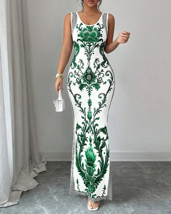 Robe Porcelaine Bleu-Blanc Sans Manches Fente Maxi
