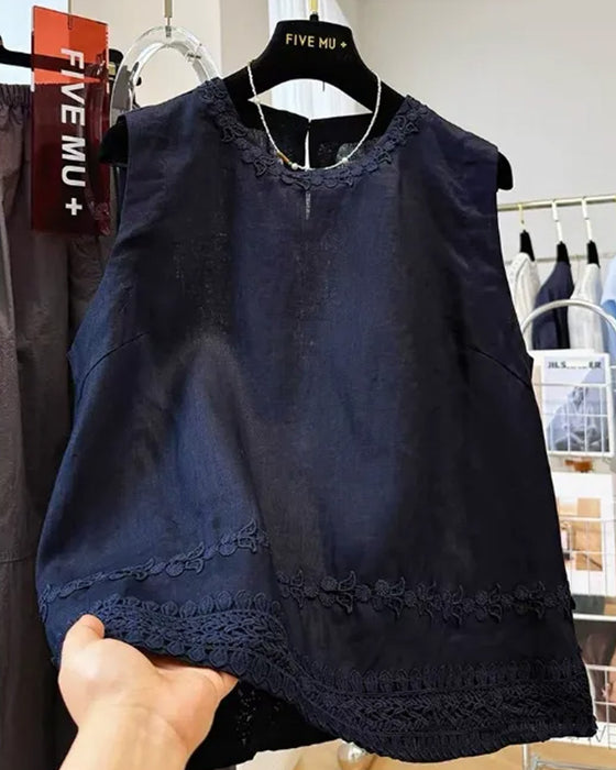 Tank Top Col Rond Bordure Brodée