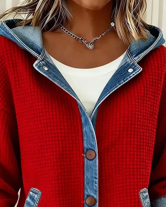 Manteau Capuche Bouton Denim Patchwork