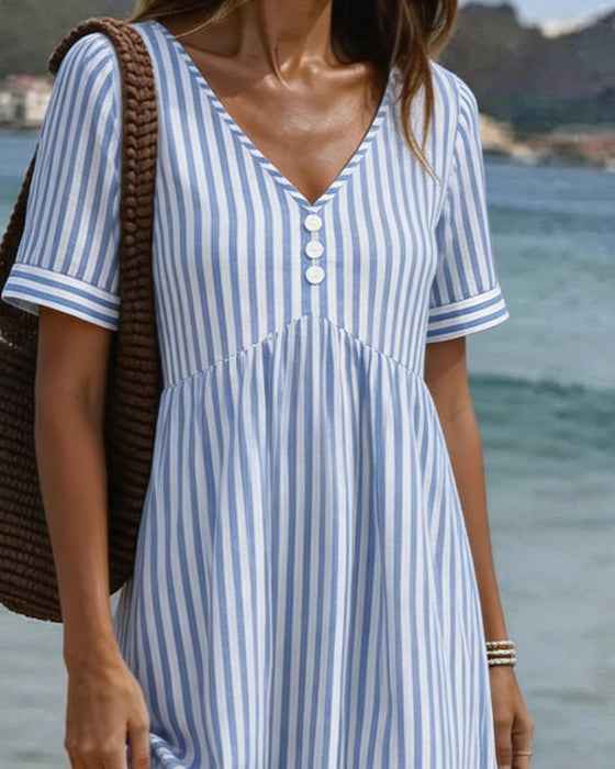 Robe Rayure Verticale Babydoll Col V A Ligne