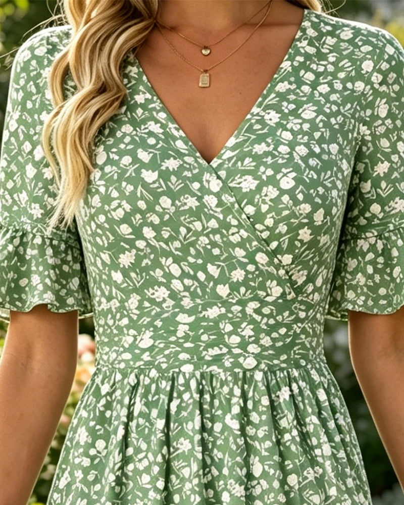 Robe Taille Attache Florale Volanté Fente