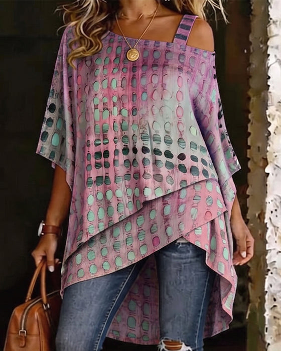 Blouse Imprimé Pois Une Épaule Irrégulière