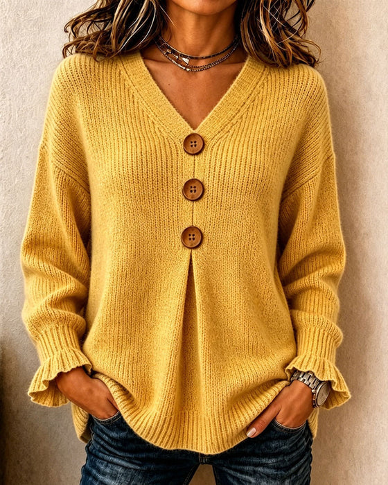 Pull Col En V Bouton Pullover