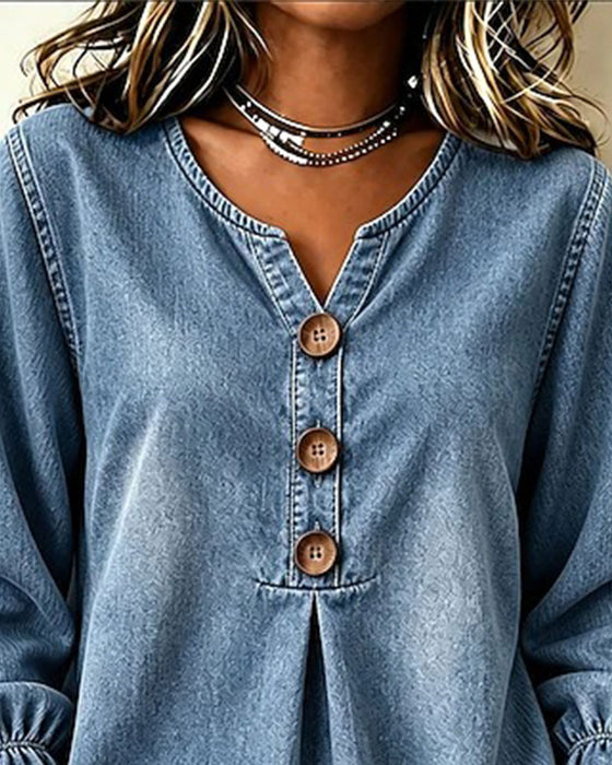 Top Denim Col En V Bouton Manche Volant