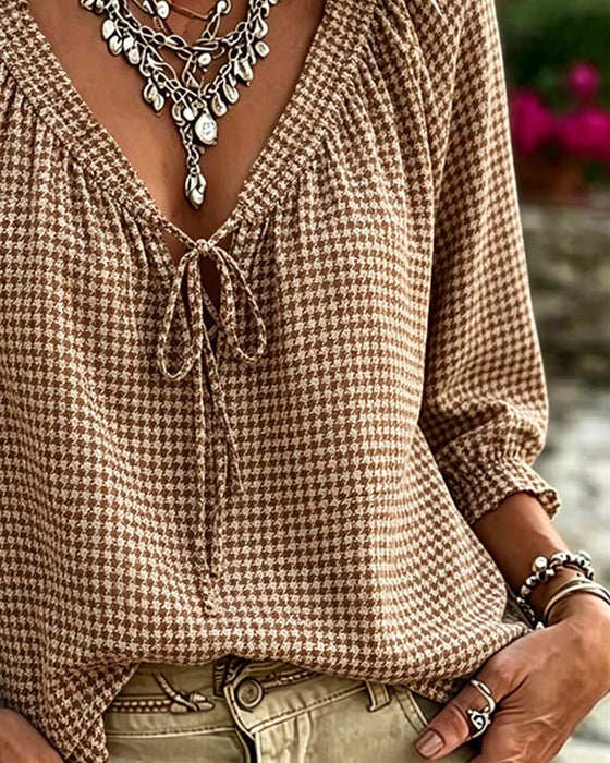 Blouse Col En V Manches Ballon Attacher Pied-De-Poule