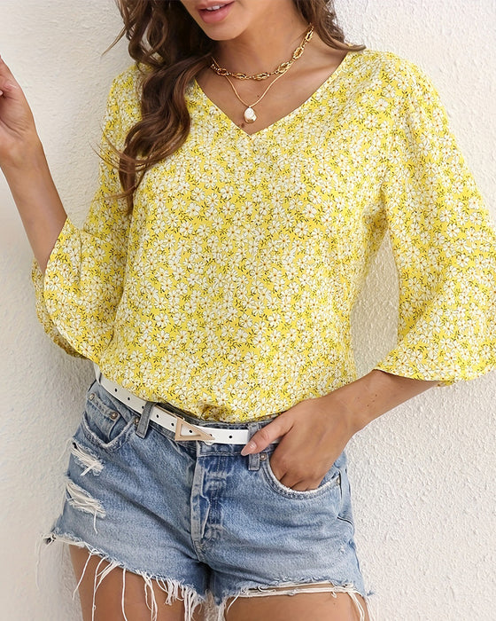Chemisier Col V Floral Papillon Manche