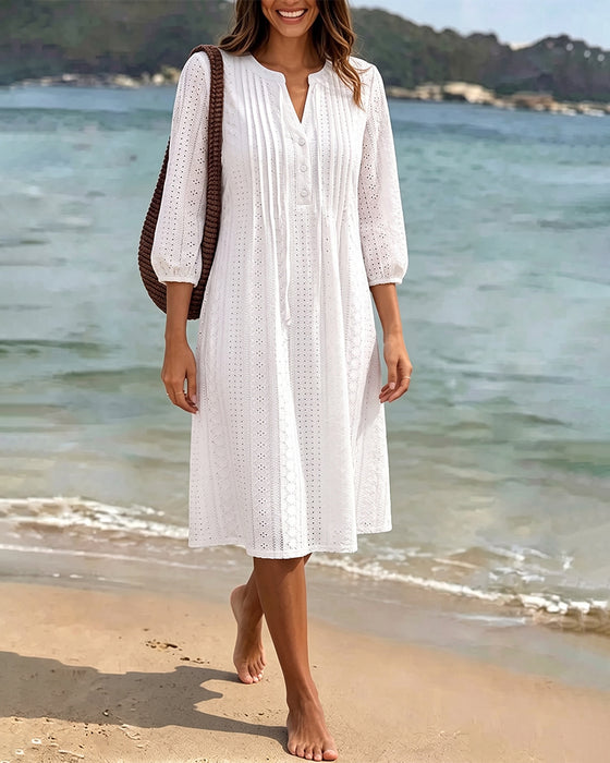 Robe Col V Plissé Découpé Uni