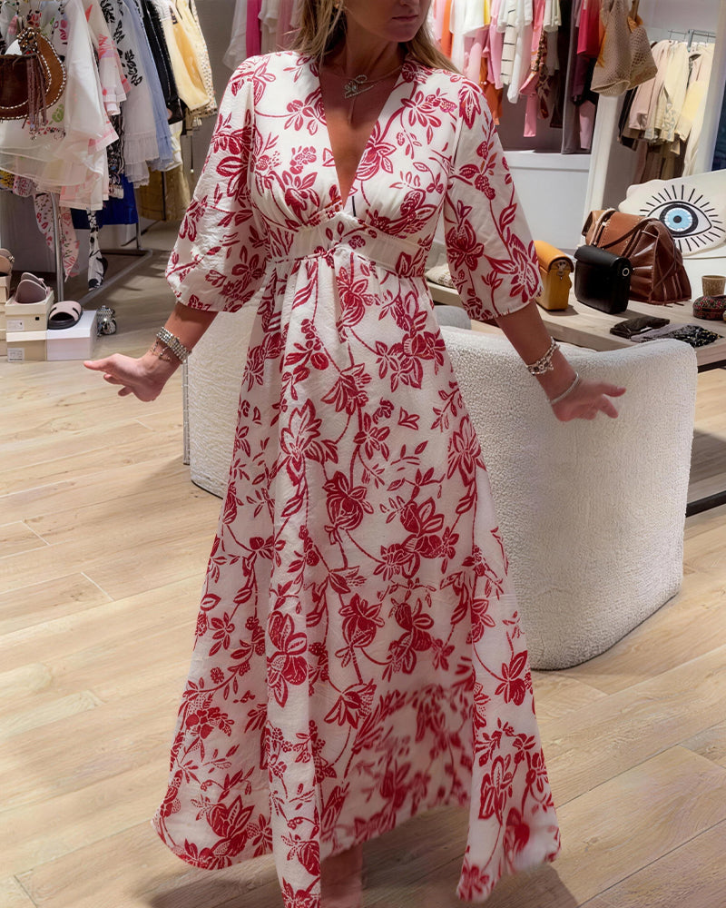 Robe Décolleté Profond En V Élégant Floral Longue