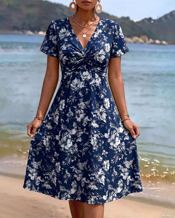 Robe Florale Col V Twist Nœud
