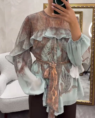 Blouse élégante imprimée à col rond à volants