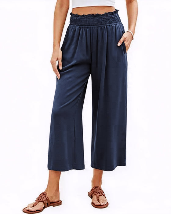Pantalon Volant Taille Haute Large Jambe Racourci