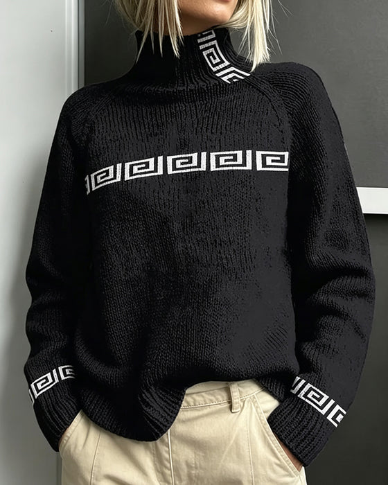 Pullover Sweat Méandre Géométrique Col Roulé
