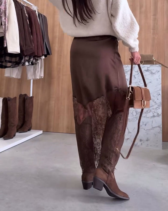 Jupe Élégante En Satin À Empiècements De Dentelle