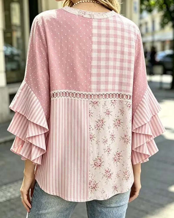 Blouse Double Couche Manches Volantées Imprimé Rayures Pois