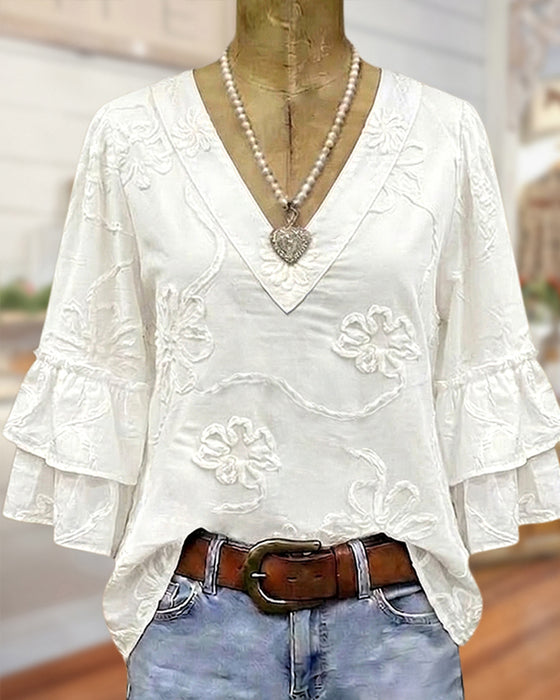 Blouse Tridimensionnelle Gaufrée Florale Col V Manche Évasée