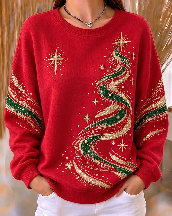 Sweatshirt Sapin De Noël Imprimé Manches Longues Lâche