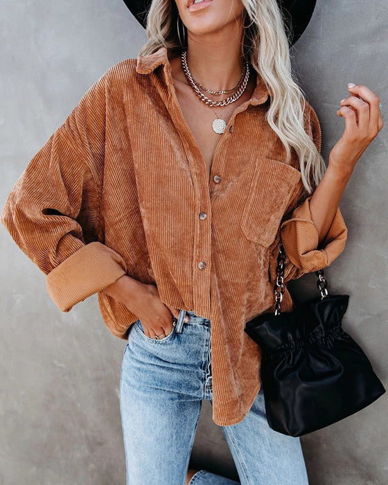 Blouse Unie En Velours Côtelé Avec Poche